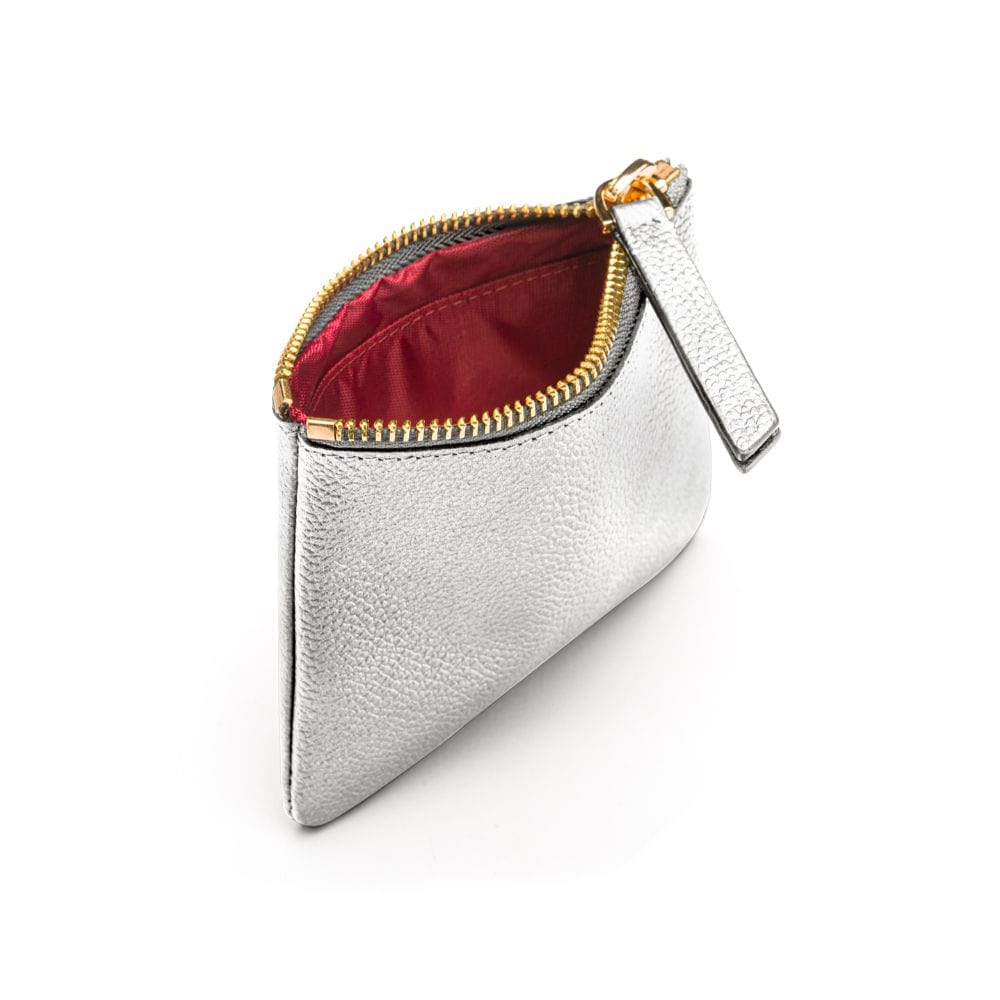 Small leather makeup bag, silver, open view