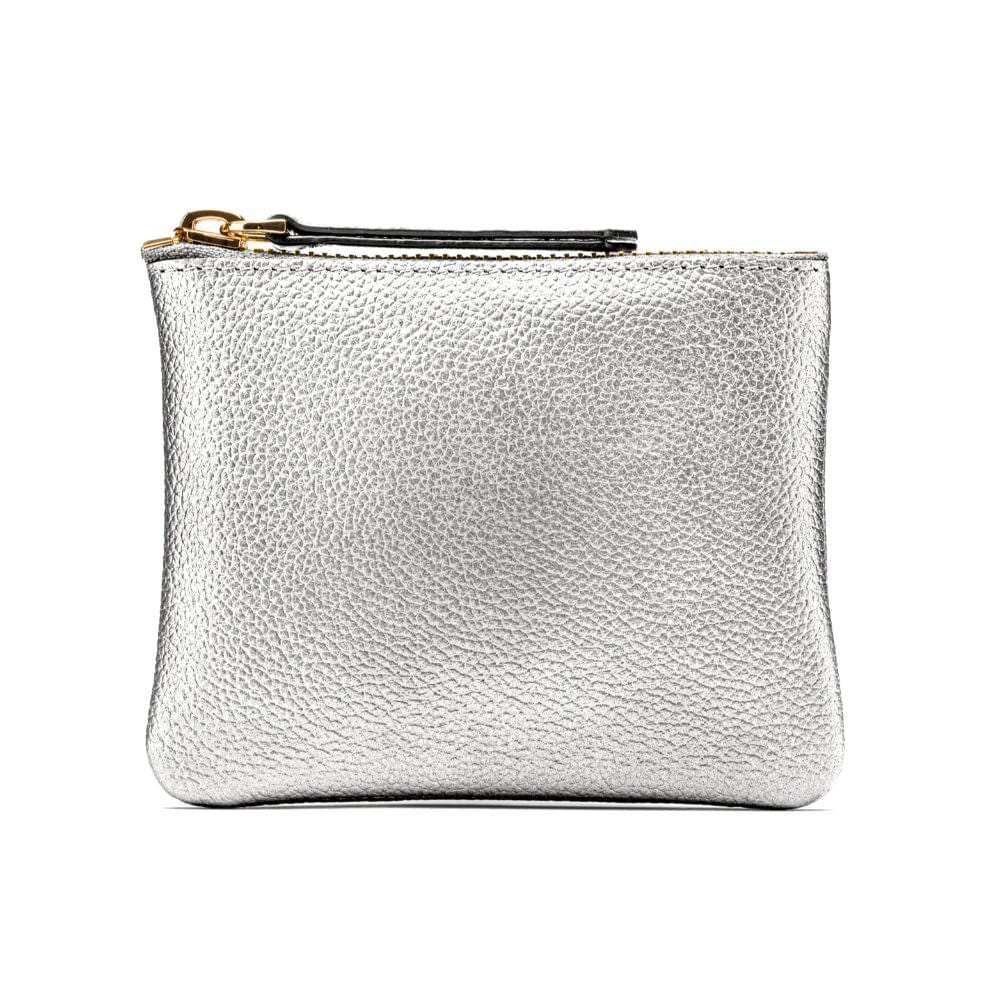 Small leather makeup bag, silver, front view