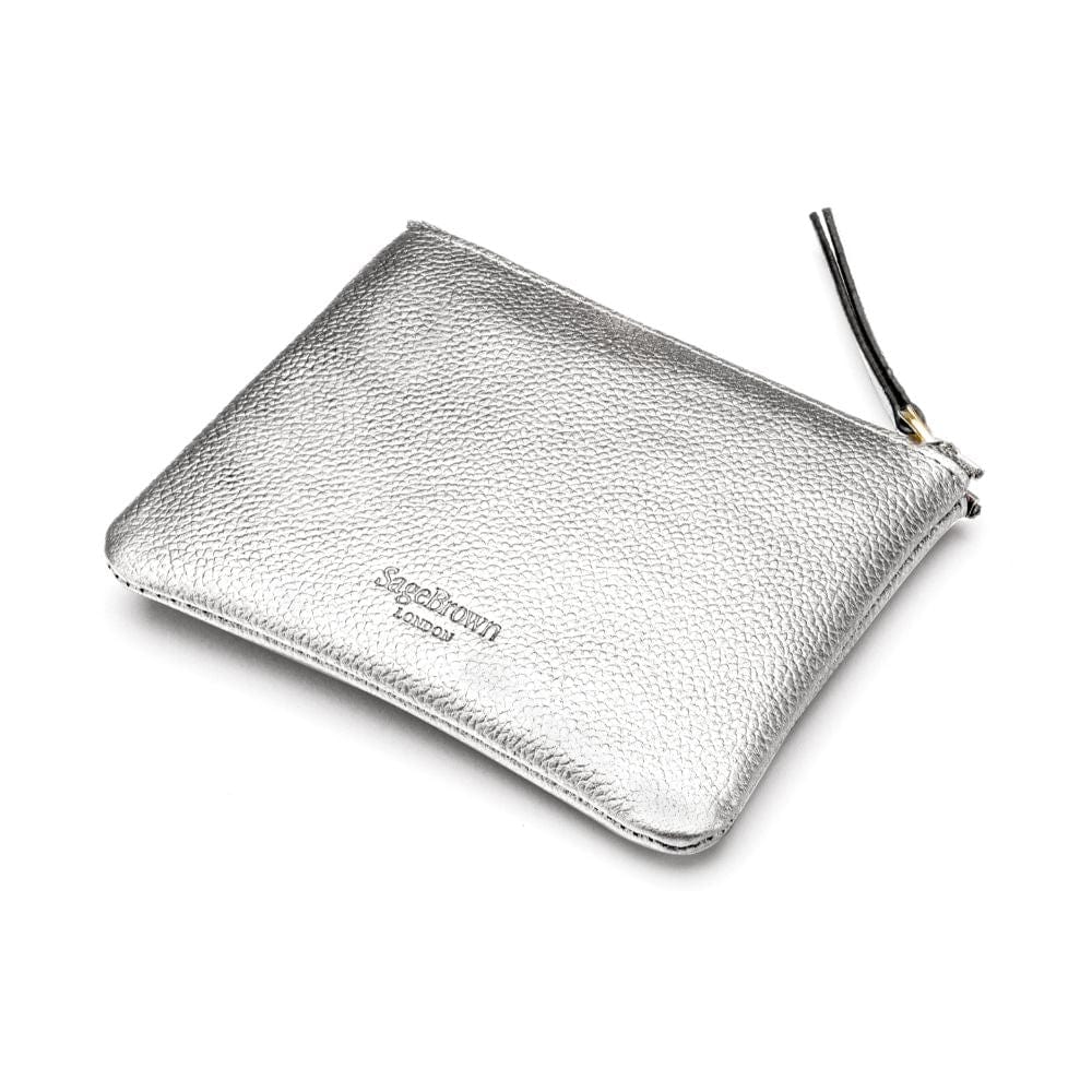 Small leather makeup bag, silver, back view
