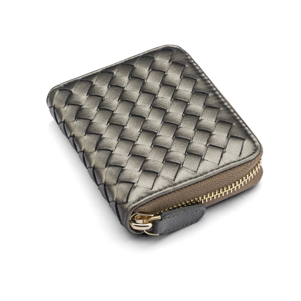 Small zip around woven leather accordion purse, silver, front