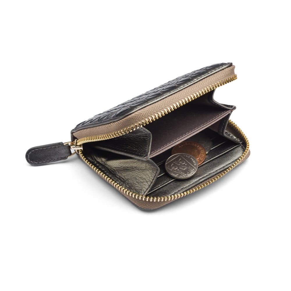 Small zip around woven leather accordion purse, silver, inside