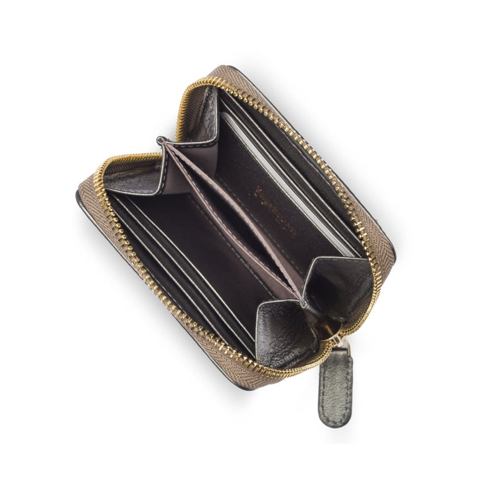 Small zip around woven leather accordion purse, silver, interior