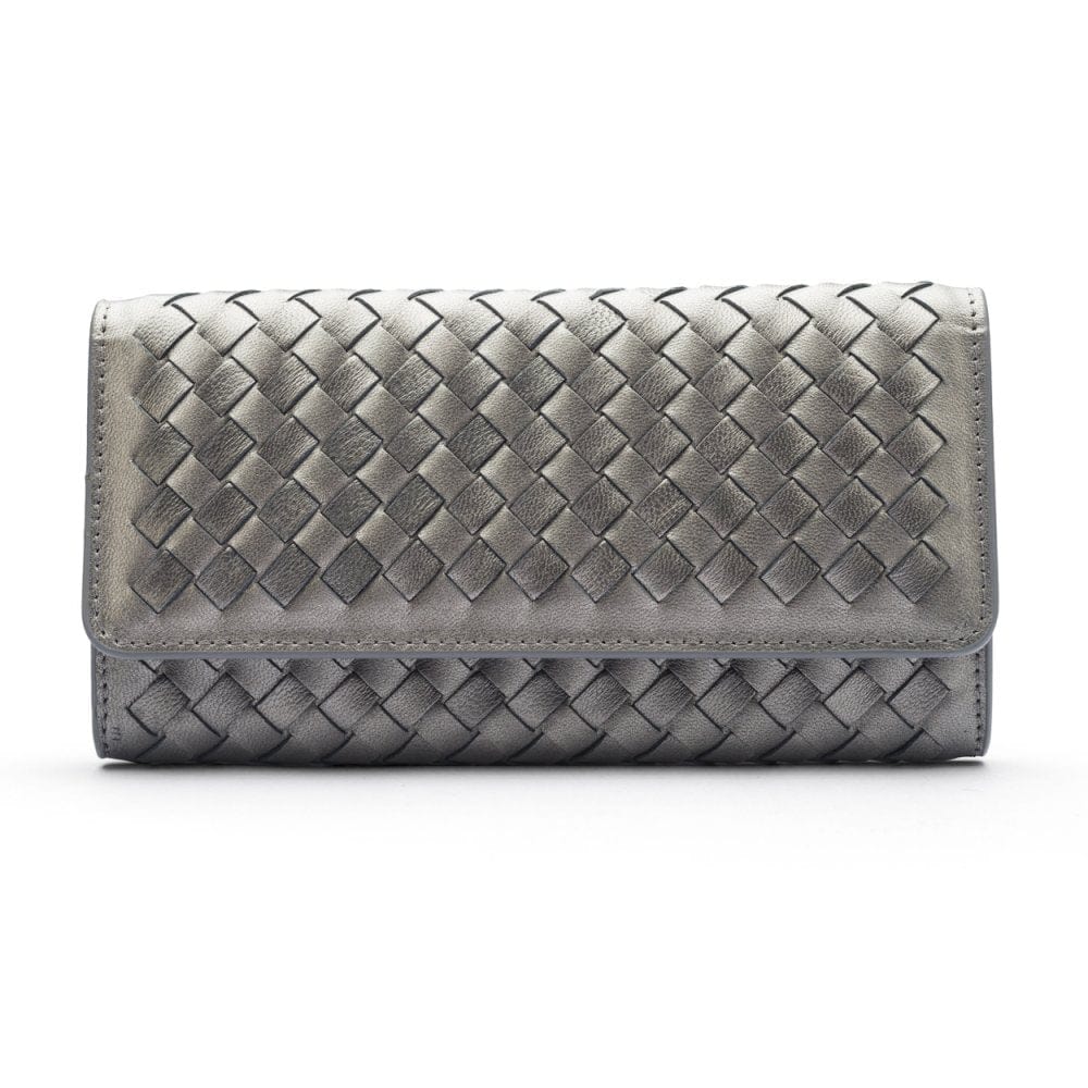 Silver Woven Leather Concertina Tall  Purse