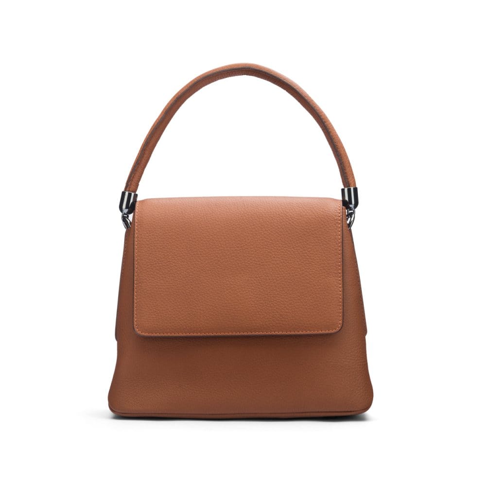 Leather handbag with flap over lid, tan, front view
