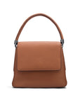 Leather handbag with flap over lid, tan, front view