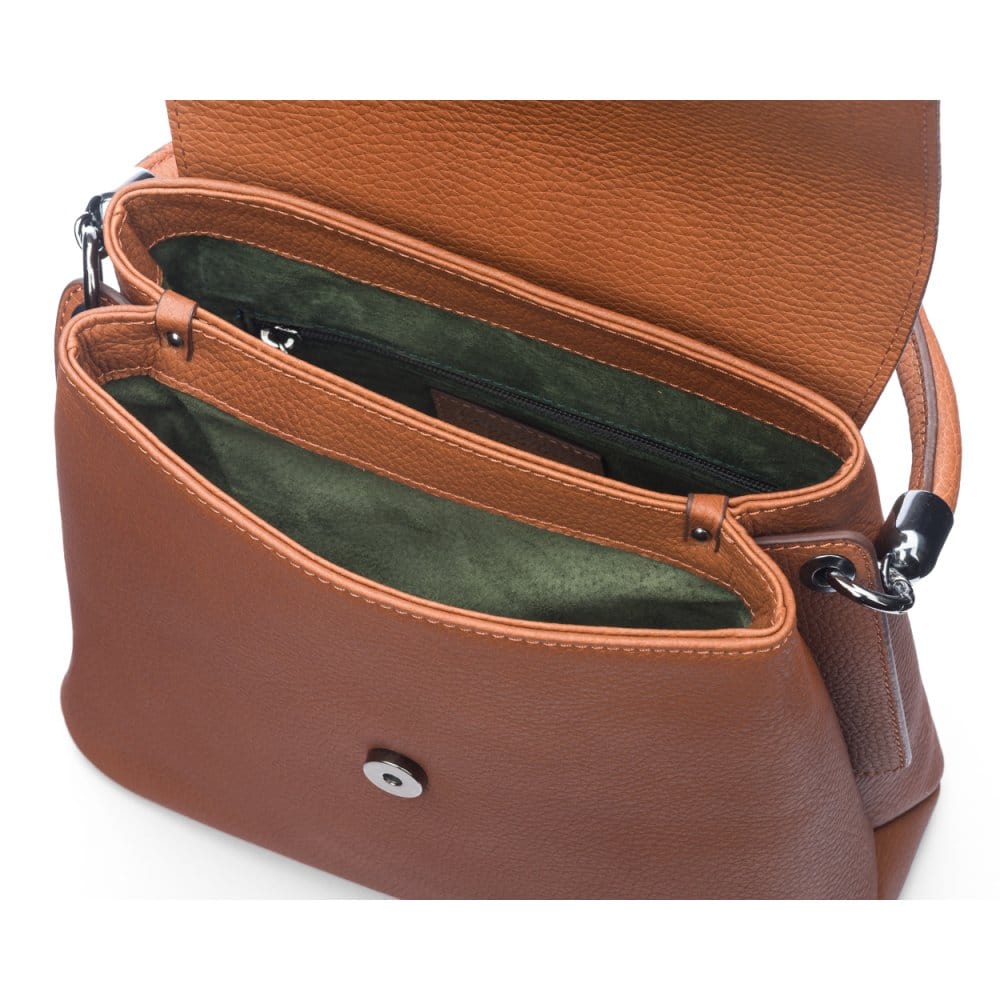 Leather handbag with flap over lid, tan, inside view