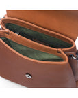 Leather handbag with flap over lid, tan, inside view