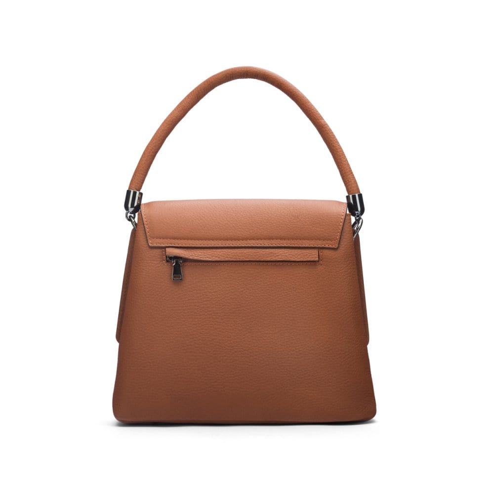 Leather handbag with flap over lid, tan, back view