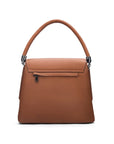 Leather handbag with flap over lid, tan, back view