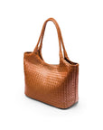 Woven leather shoulder bag, tan, side