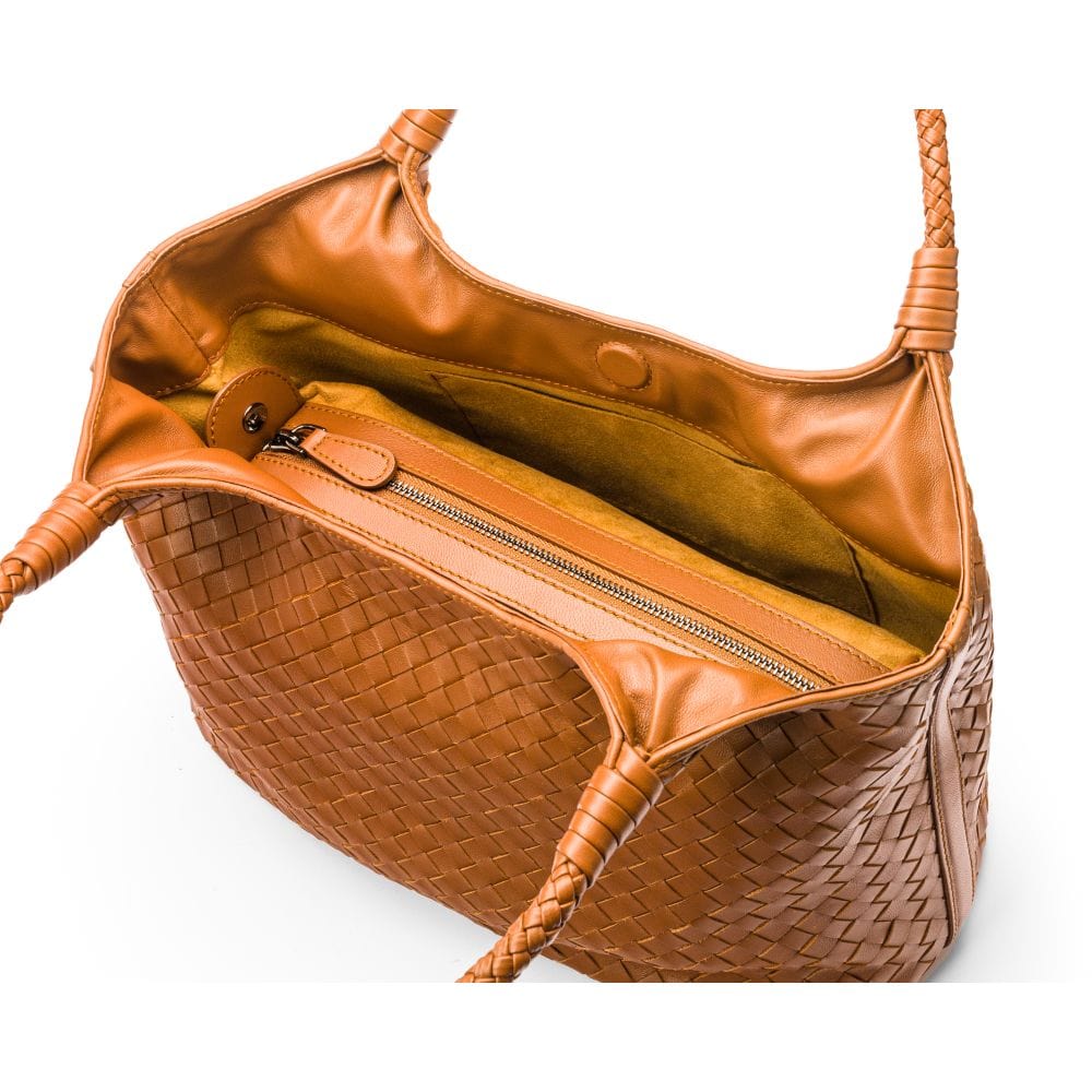Woven leather shoulder bag, tan, inside