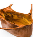 Woven leather shoulder bag, tan, open