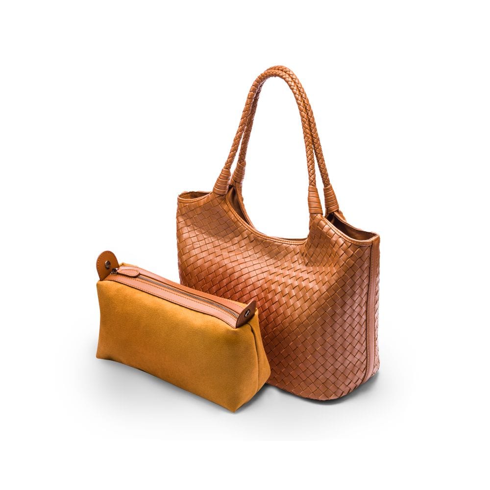 Woven leather shoulder bag, tan, with detachable inner bag