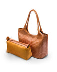 Woven leather shoulder bag, tan, with detachable inner bag