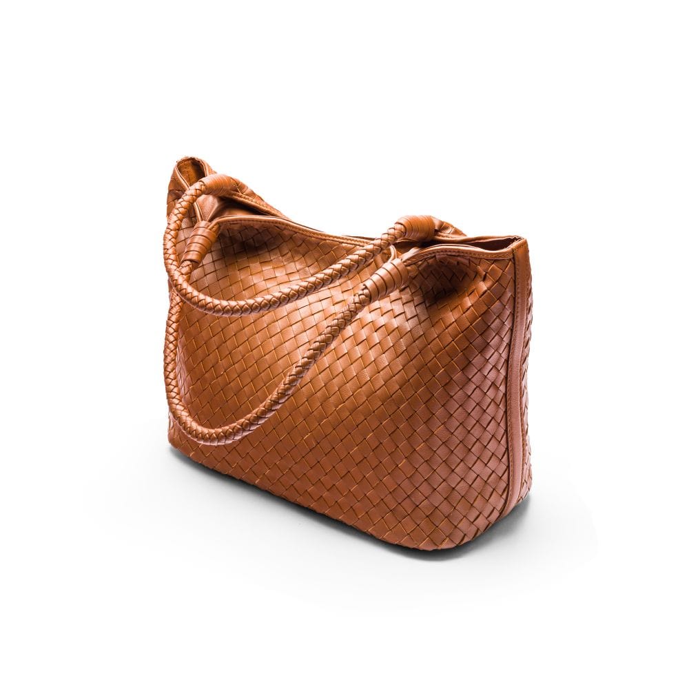 Woven leather shoulder bag, tan