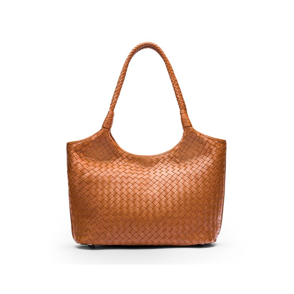 Woven leather shoulder bag, tan, front