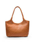 Woven leather shoulder bag, tan, front