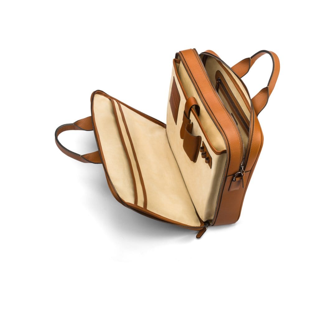 15" leather laptop briefcase, tan, inside