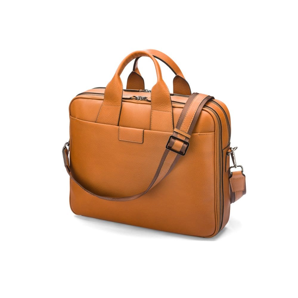 15" leather laptop briefcase, tan, with shoulder strap