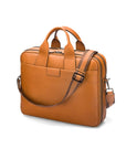 15" leather laptop briefcase, tan, with shoulder strap