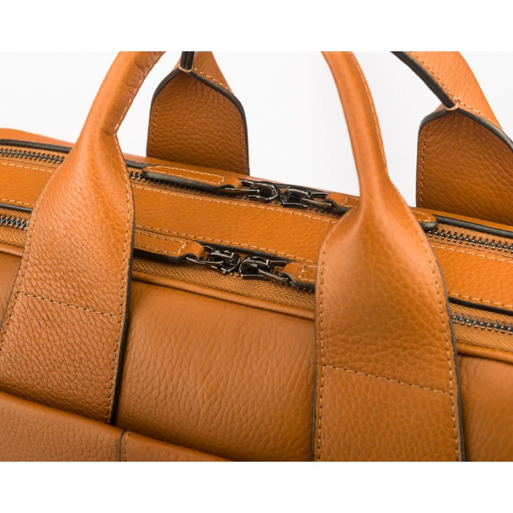 15" leather laptop briefcase, tan, zip closure
