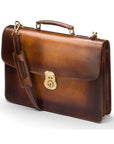 Burnished leather briefcase with brass lock, Harvard, tan, side