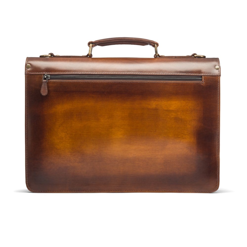 Burnished leather briefcase with brass lock, Harvard, tan, back