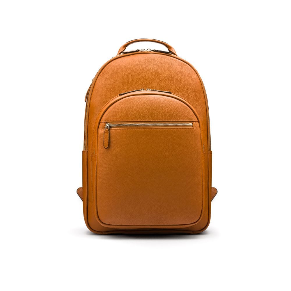 Men's leather 15" laptop backpack, tan, front view