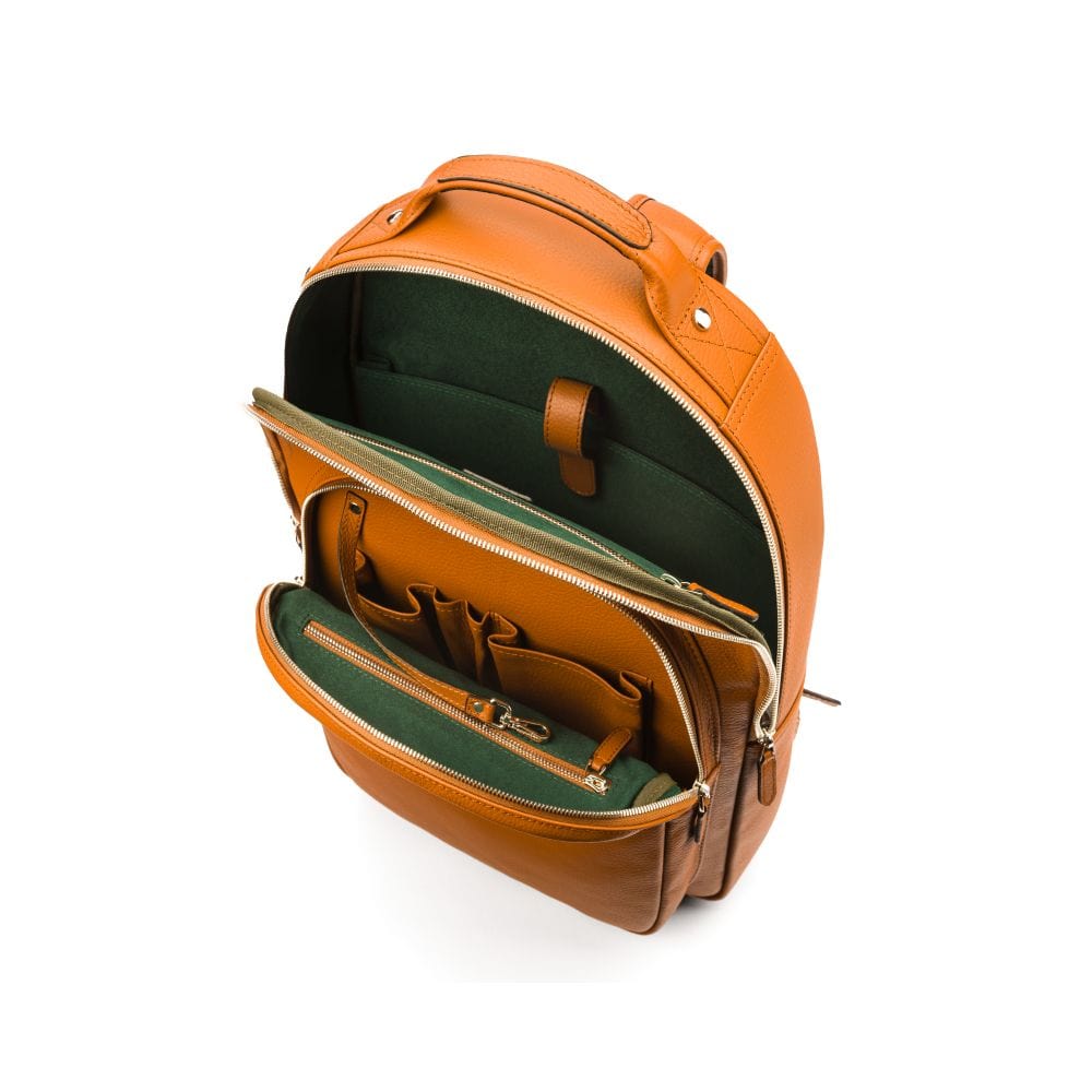 Men's leather 15" laptop backpack, tan, inside