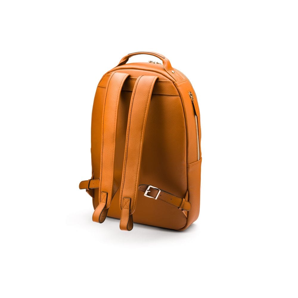 15" leather laptop backpack, tan, back view
