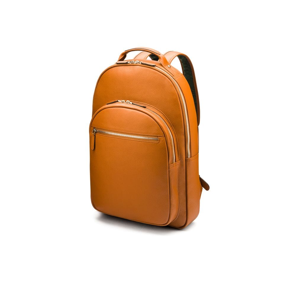 Men's leather 15" laptop backpack, tan, side view