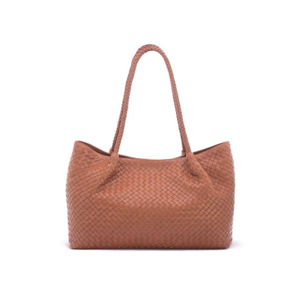 Woven leather slouchy bag, tan, front