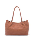 Woven leather slouchy bag, tan, front