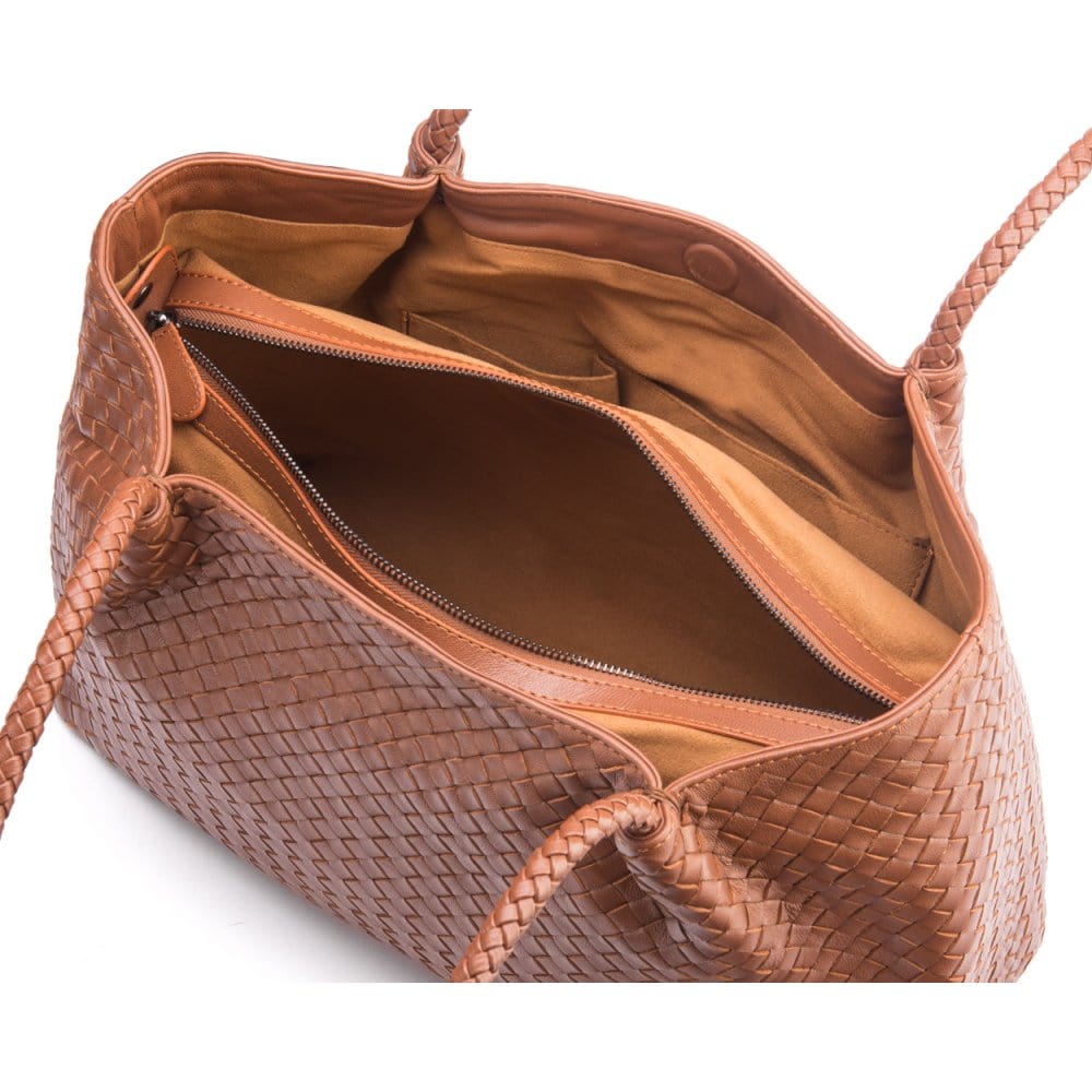 Woven leather slouchy bag, tan, inside