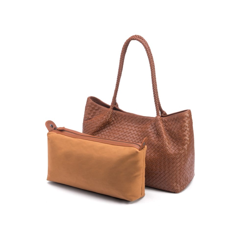 Woven leather slouchy bag, tan, with inner bag removed
