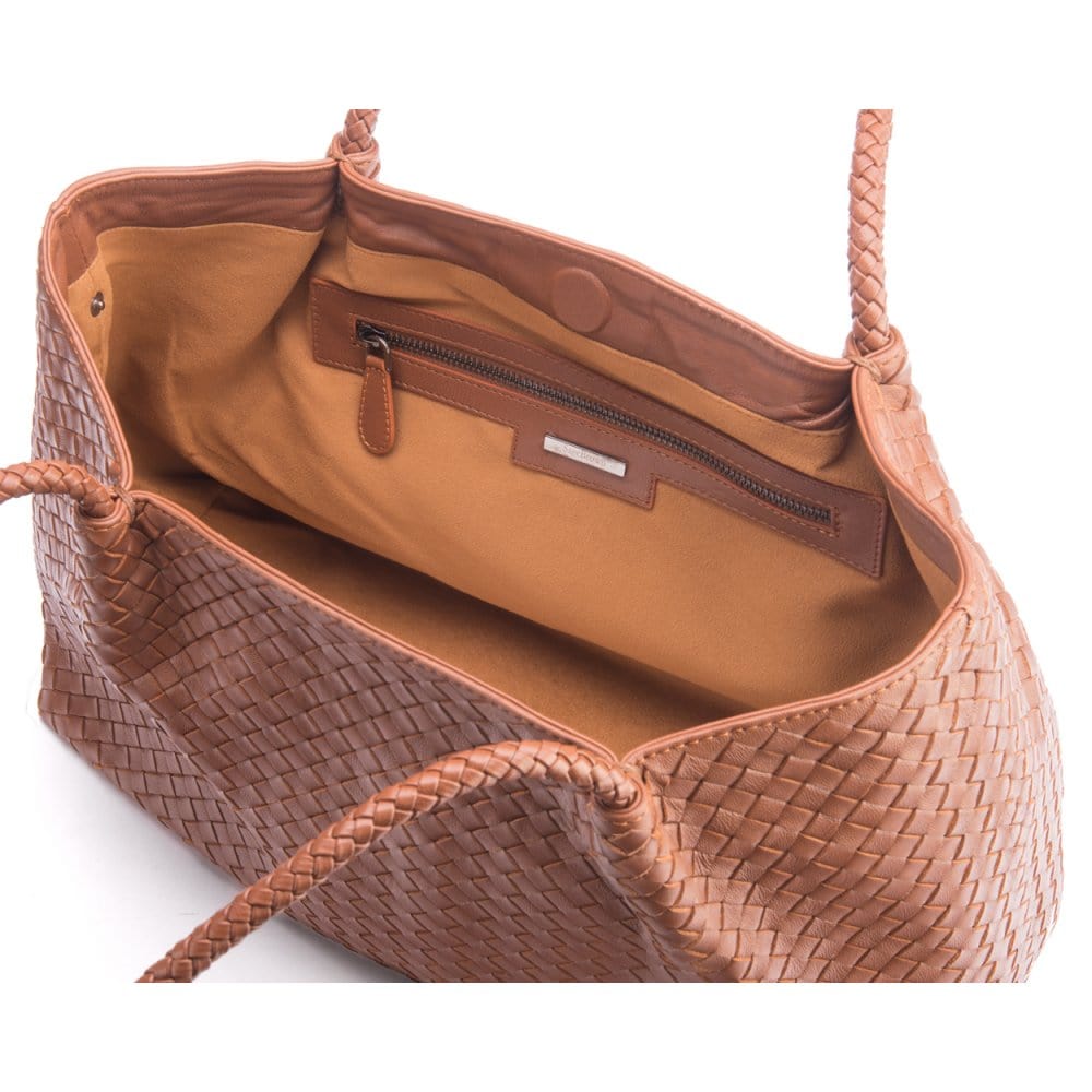 Woven leather slouchy bag, tan, without inner bag
