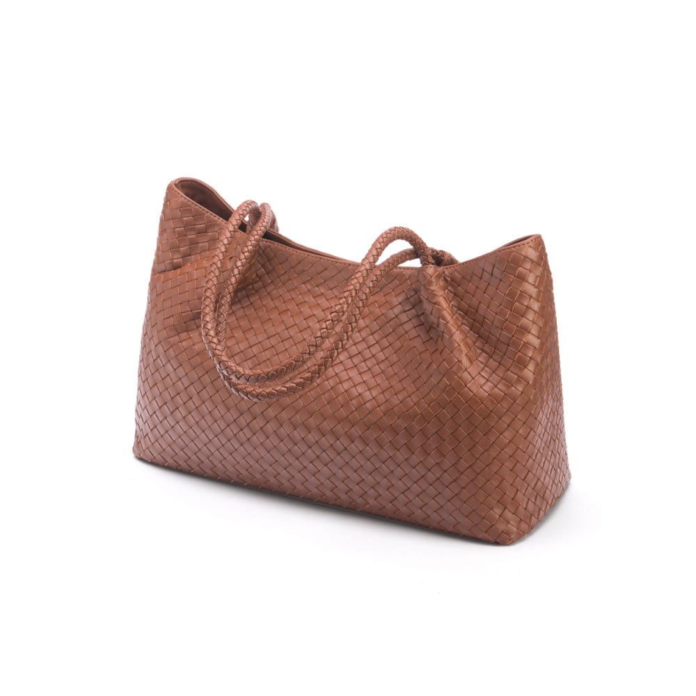 Woven leather slouchy bag, tan, side