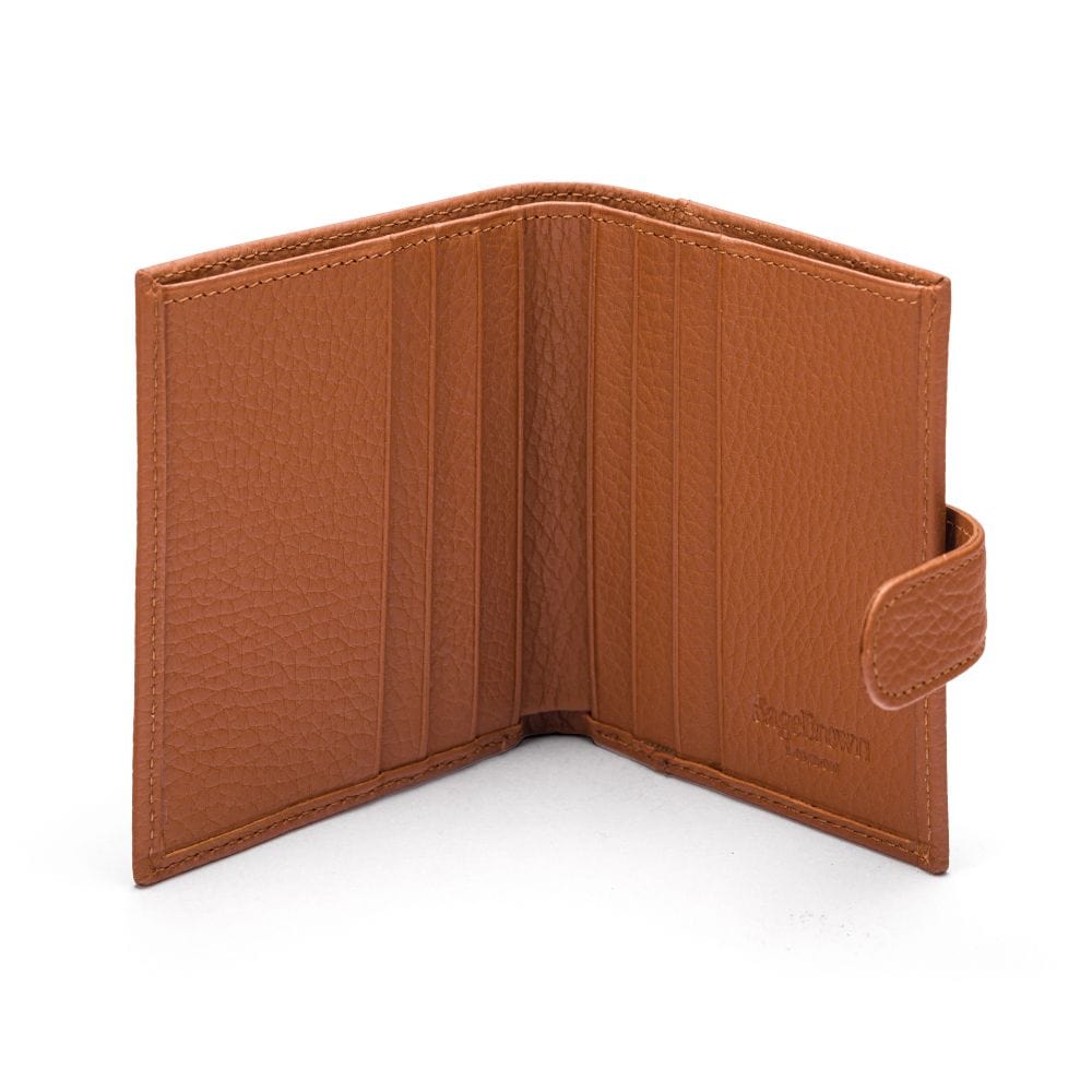 Compact leather billfold wallet with tab, tan, open