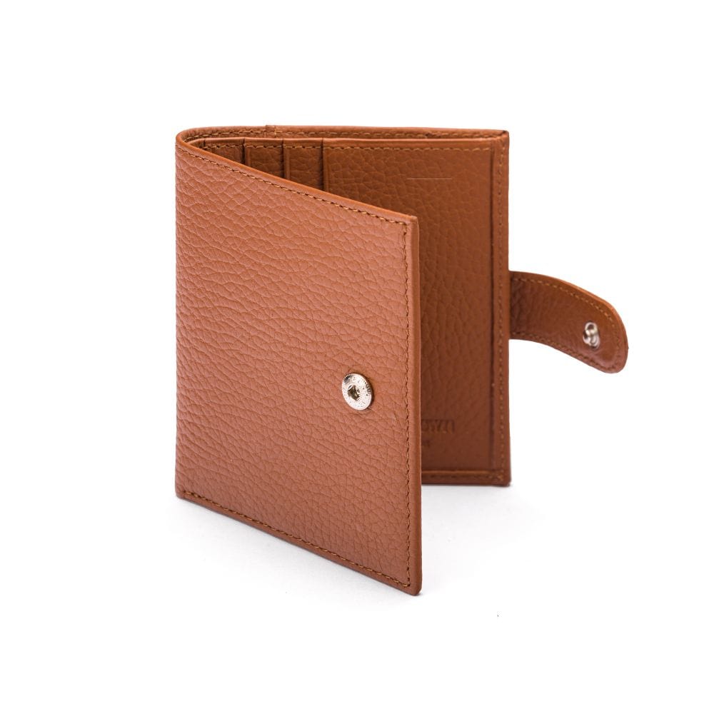 Compact leather billfold wallet with tab, tan, front