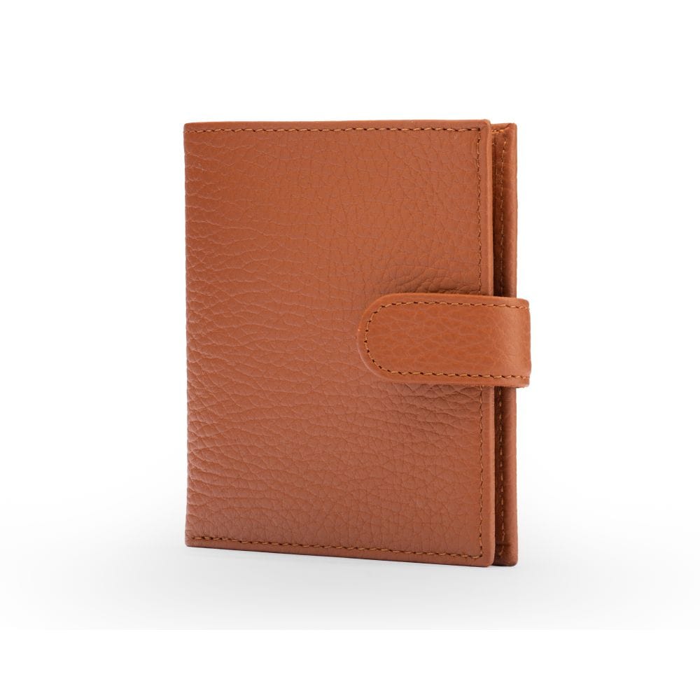 Compact leather billfold wallet with tab, tan, front view