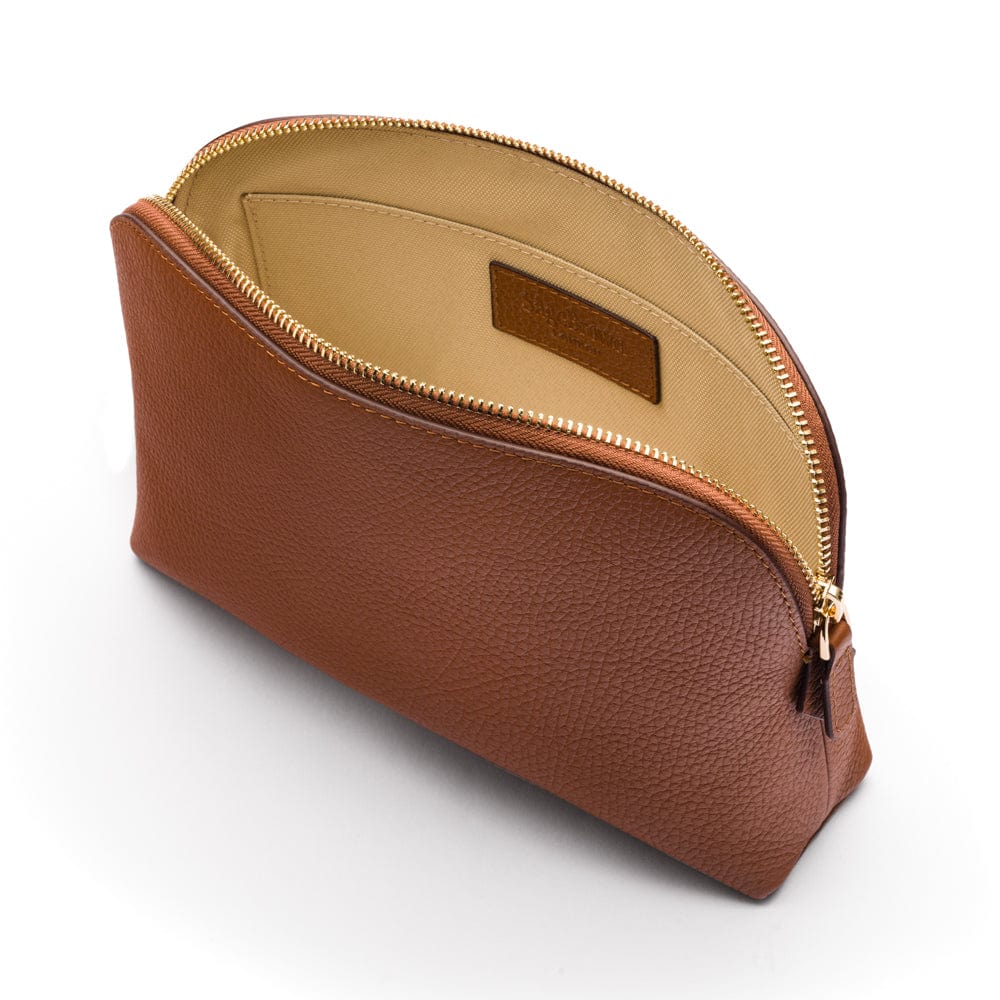 Leather cosmetic bag, tan, open