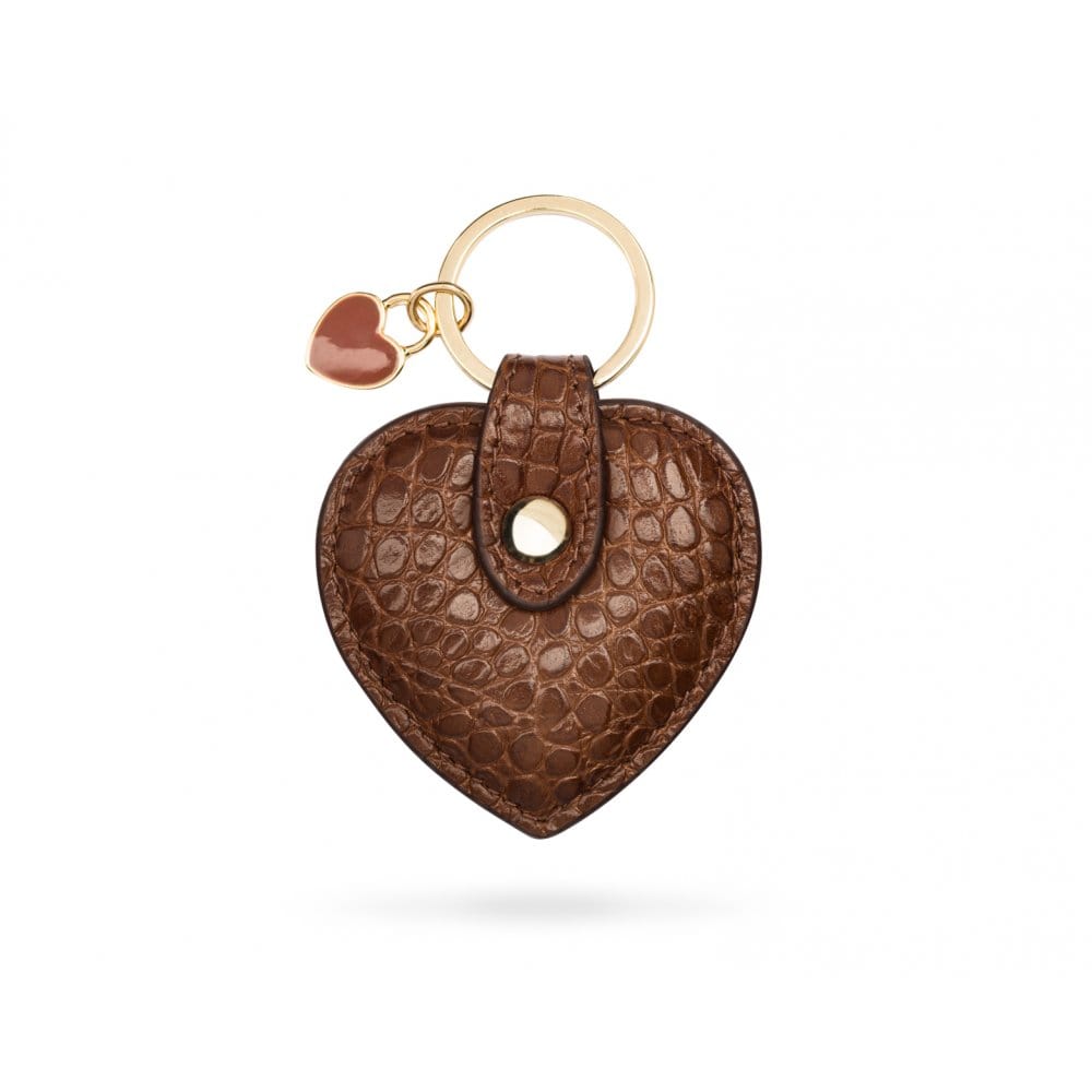 Leather heart shaped key ring, tan croc, front