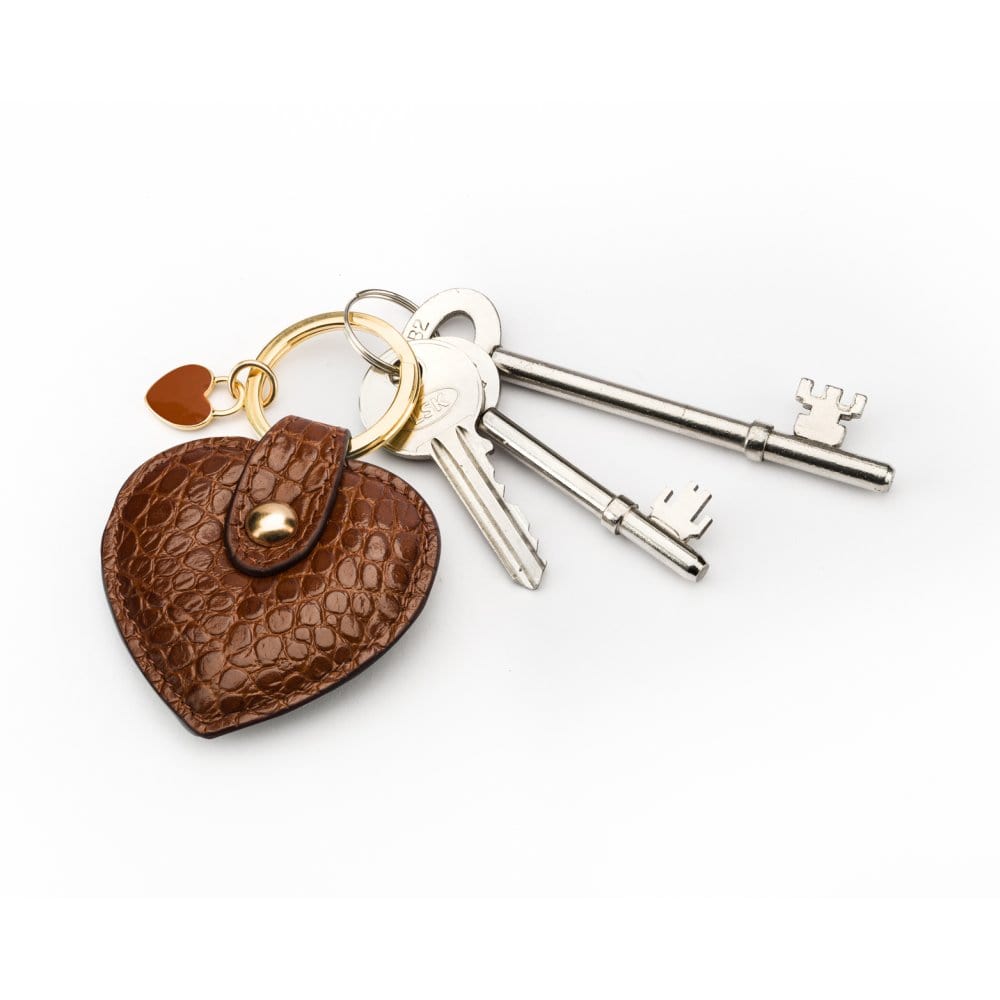 Leather heart shaped key ring, tan croc