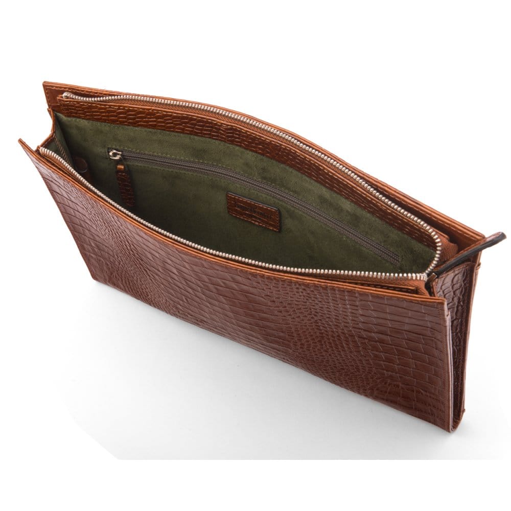 Zip top leather folder, tan croc, inside view