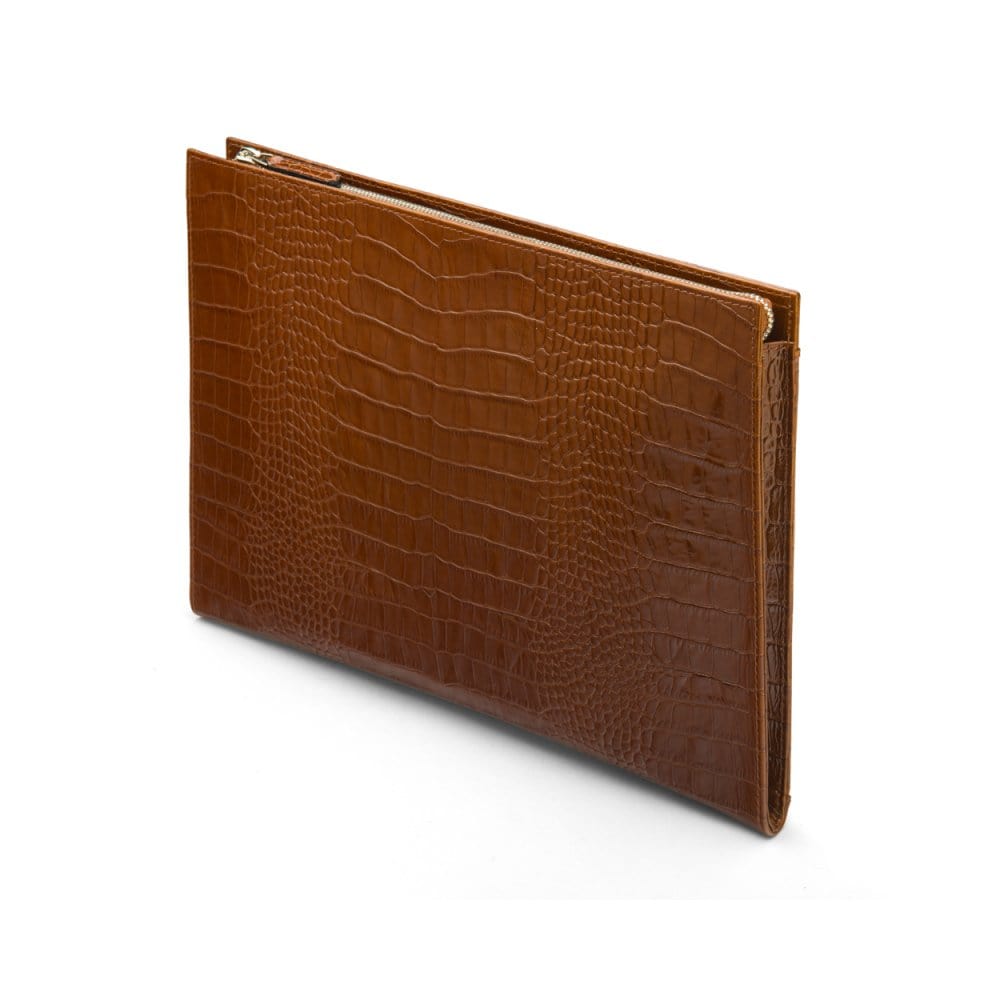 Zip top leather folder, tan croc, side view