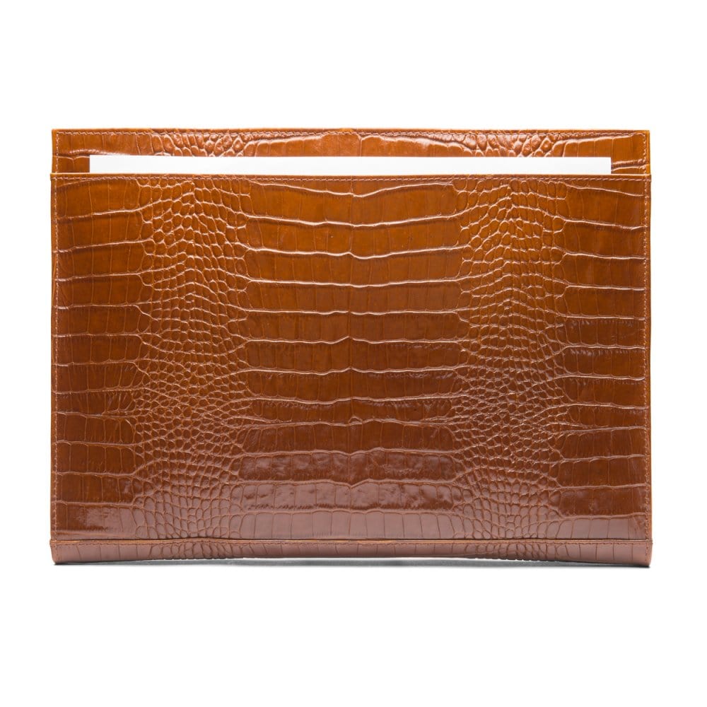 Zip top leather folder, tan croc, front view