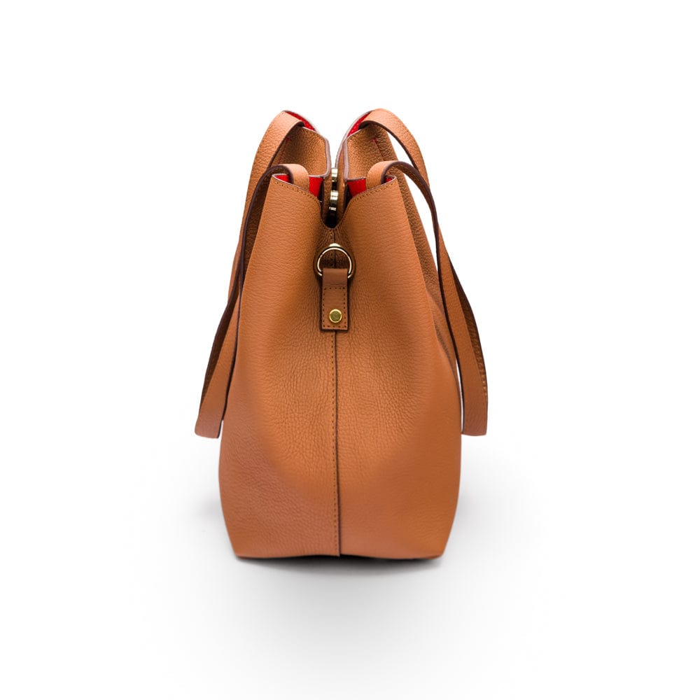 Leather tote bag, tan, side view 2