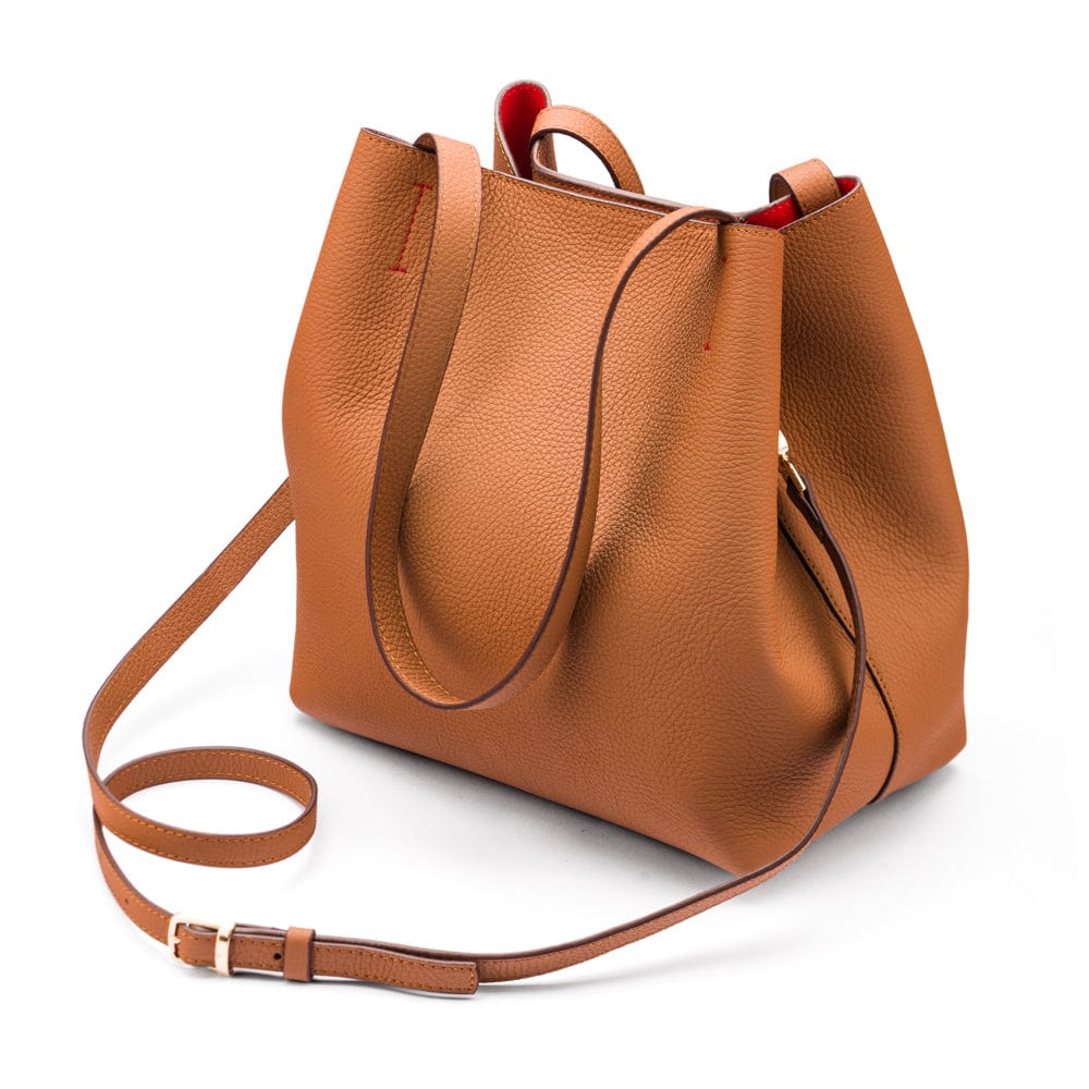 Leather tote bag, tan, with shoulder strap