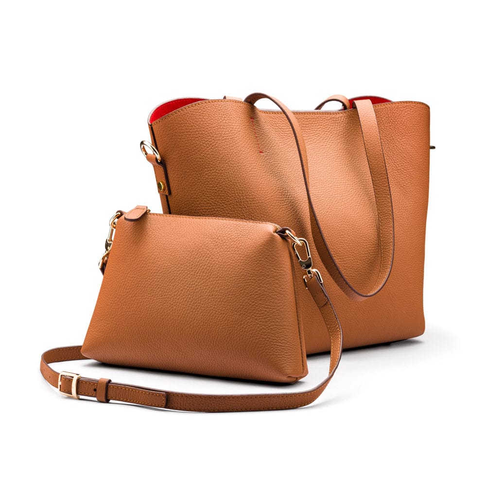 Leather tote bag, tan, with inner bag