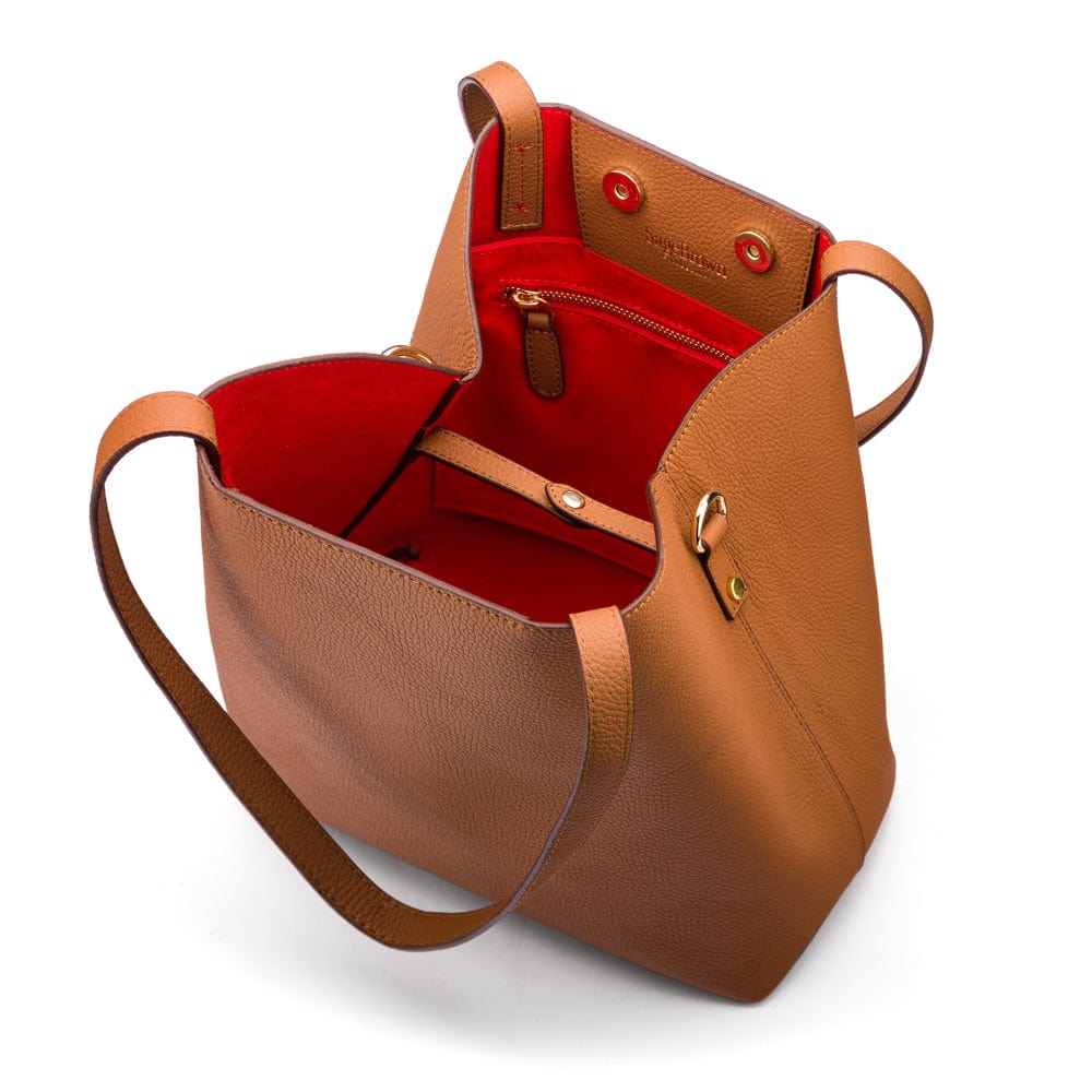 Leather tote bag, tan, inside closed